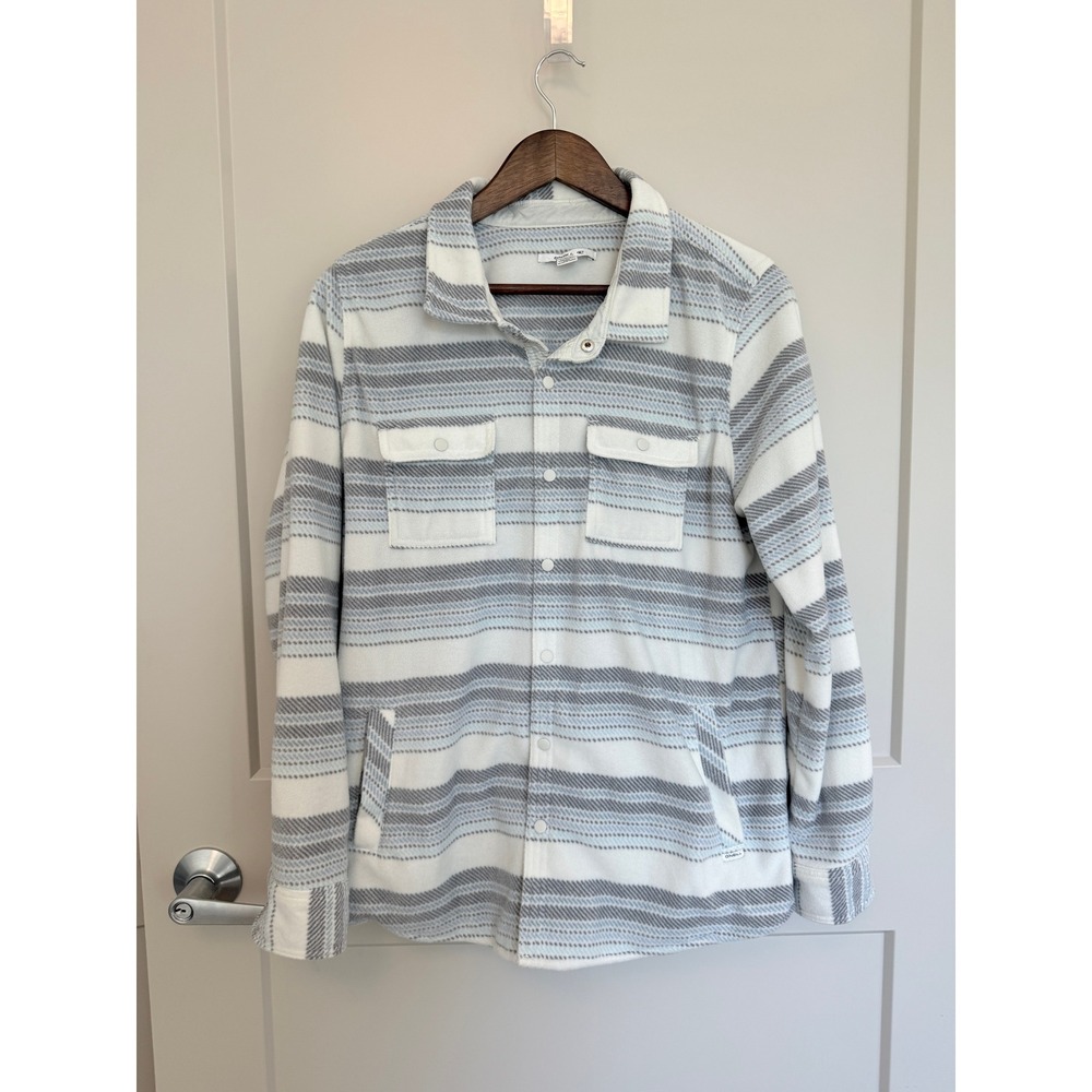 O'Neill Women's Blue Striped Fleece Shacket‎ Jacket Snap Front Size Medium Surf
